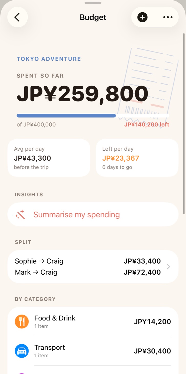 The Budget screen with the Insights button and a Split section listing who owes whom