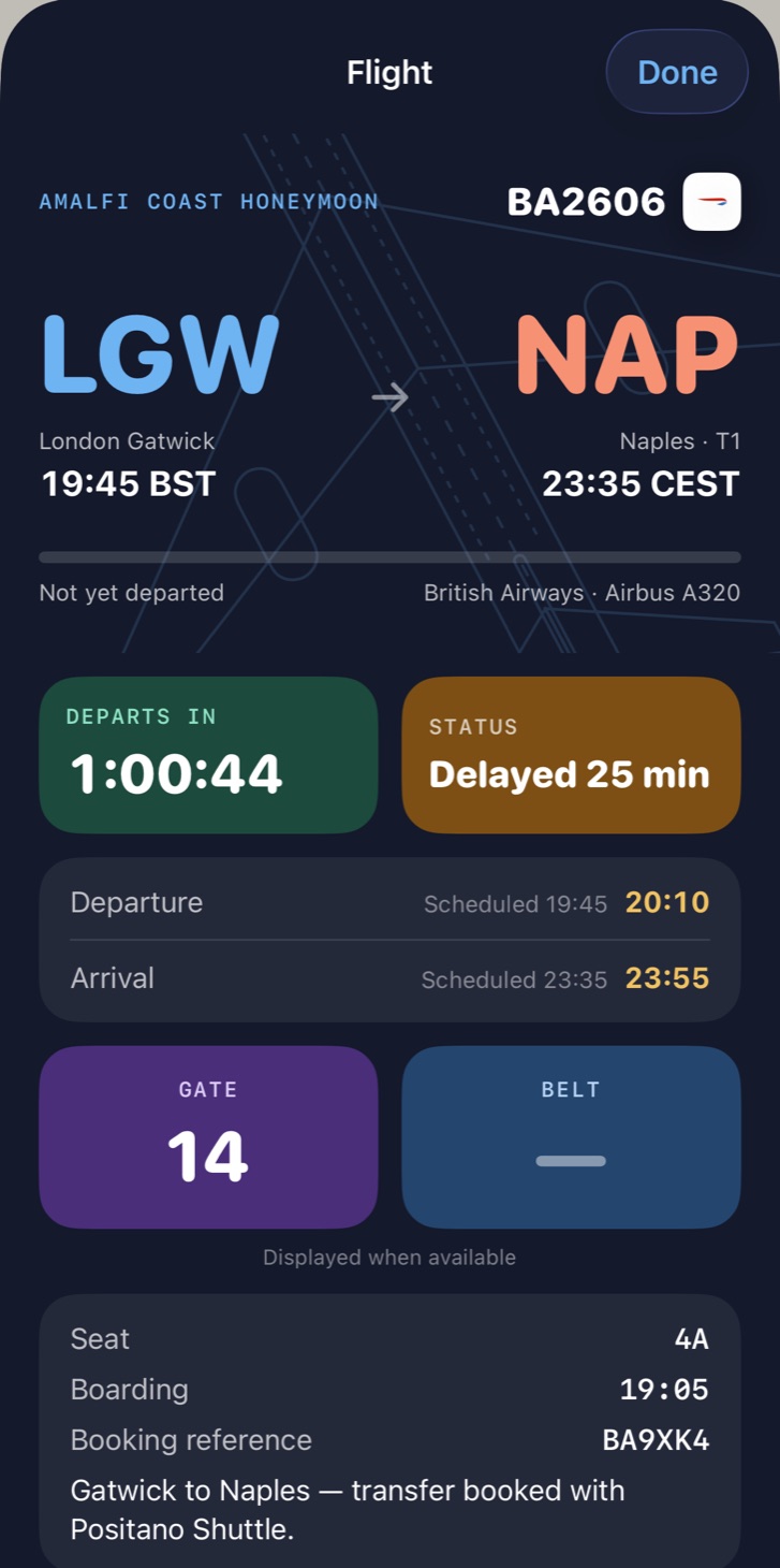 The flight sheet for BA2606, with live status, gate and times