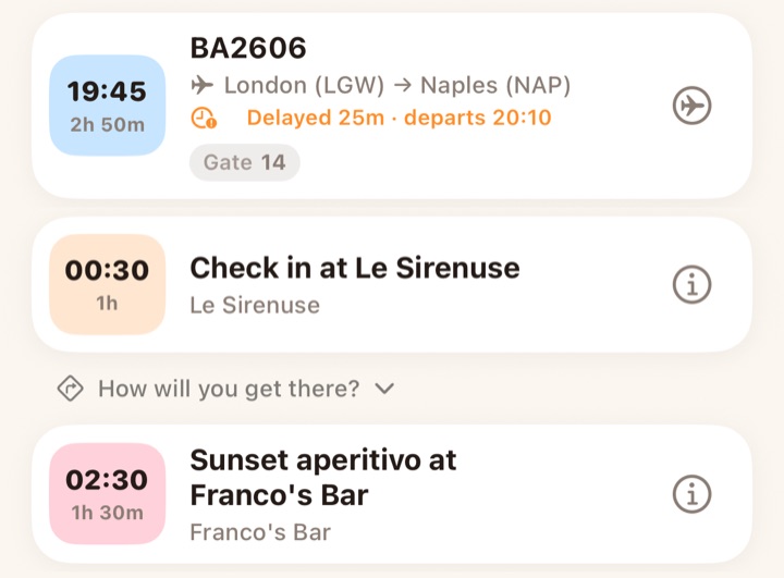 A day's schedule with a flight marked delayed 25 minutes, departing from gate 14