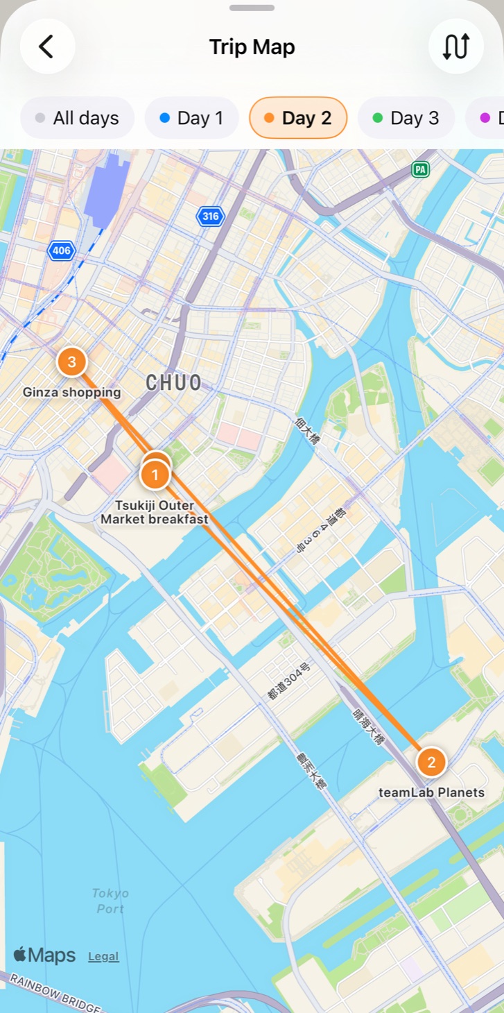 The Trip Map with numbered stops joined by a route