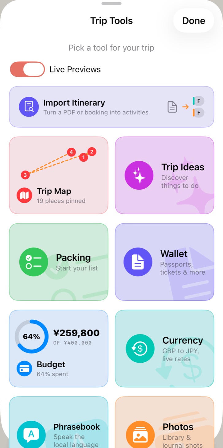 Trip Tools with Live Previews on: tiles showing the route, budget, packing list and photos