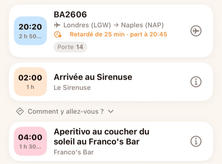 Le programme d’une journée avec un vol retardé de 25 minutes, au départ de la porte 14