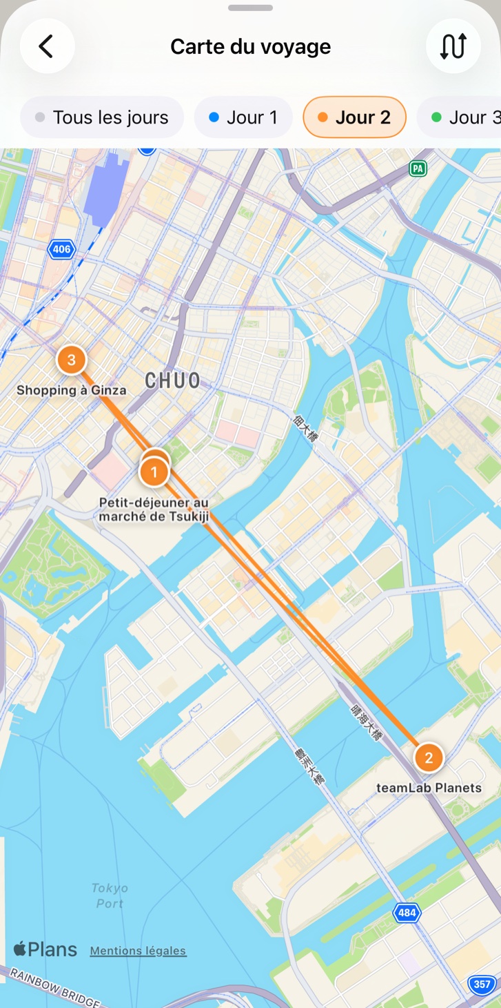 La carte du voyage avec des étapes numérotées reliées par un itinéraire