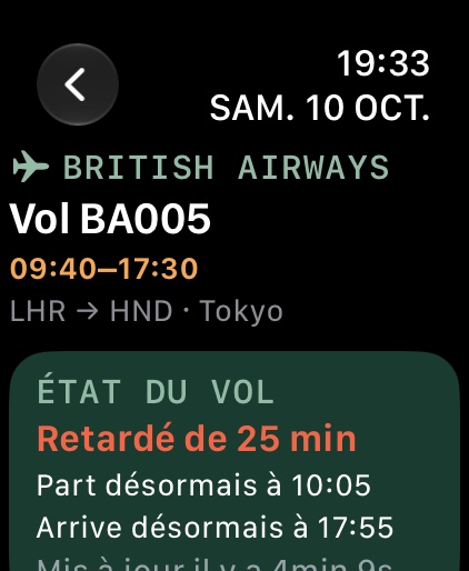Apple Watch : vol BA005 pour Tokyo, retardé de 25 minutes