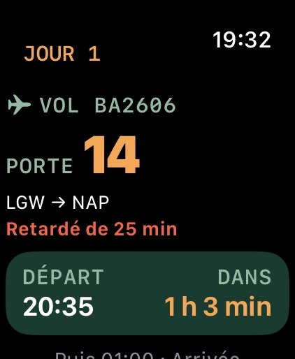 Apple Watch affichant la porte 14 et un retard de 25 minutes