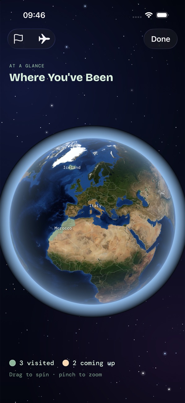 The globe with visited countries coloured in and a plane flying a route to Iceland