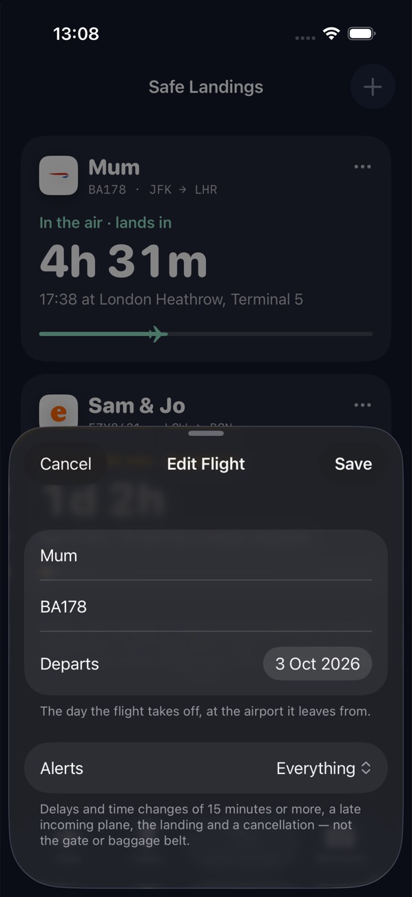 Editing a followed flight's name, number, day and alert level
